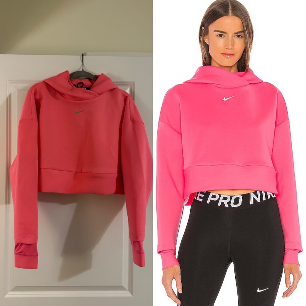 Nike Pro Dry Fit Bright Pink Crop Pullover Hoodie Sweatshirt